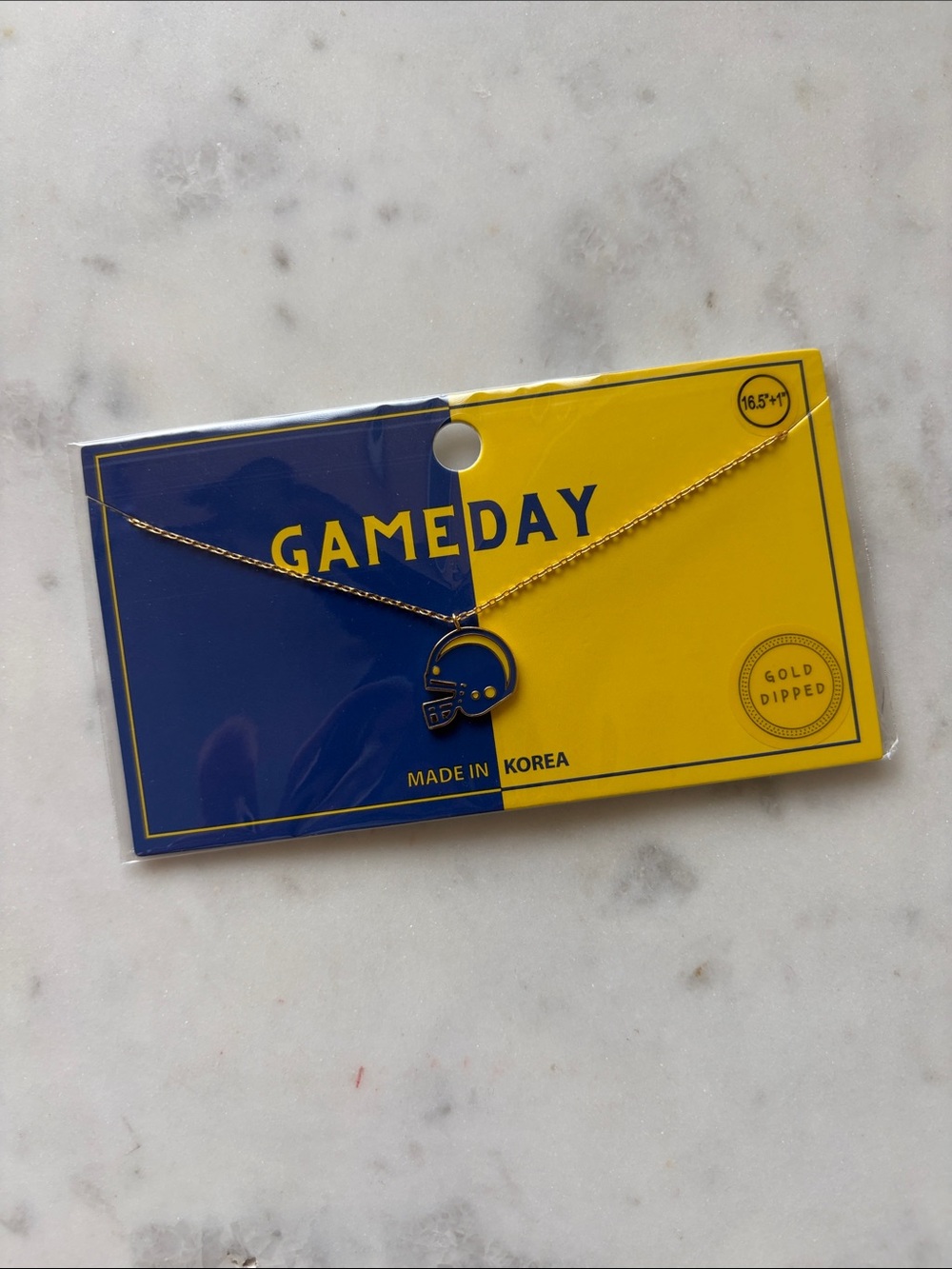 Blue and yellow gold-dipped football helmet dainty necklace